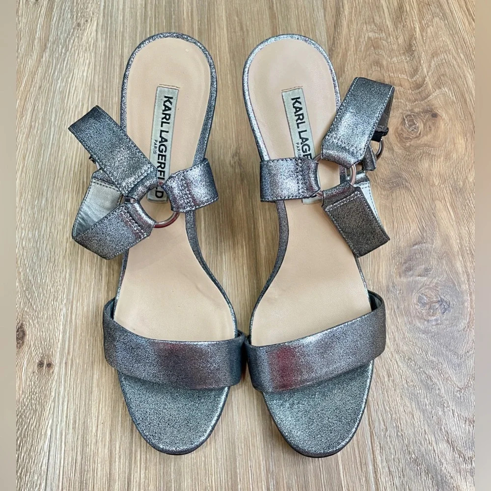 Karl Lagerfield Paris Ankle Strap Sandals Heels Size 10 Silver EUC